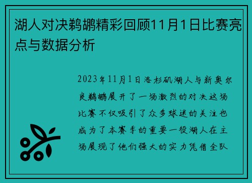 湖人对决鹈鹕精彩回顾11月1日比赛亮点与数据分析